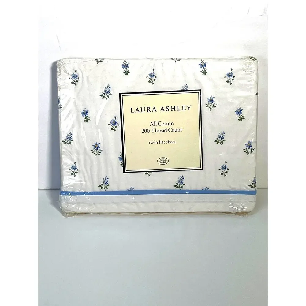 Vtg Laura Ashley Emilie Twin Flat Sheet Blue Yellow Floral Cotton Deadstock NIP